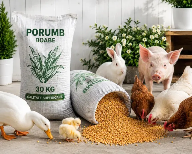Porumb boabe sac de 30 kg, calitate superioară, pentru păsări, porci și iepuri